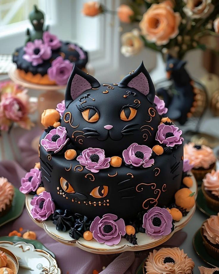 Black Cat Floral Cake